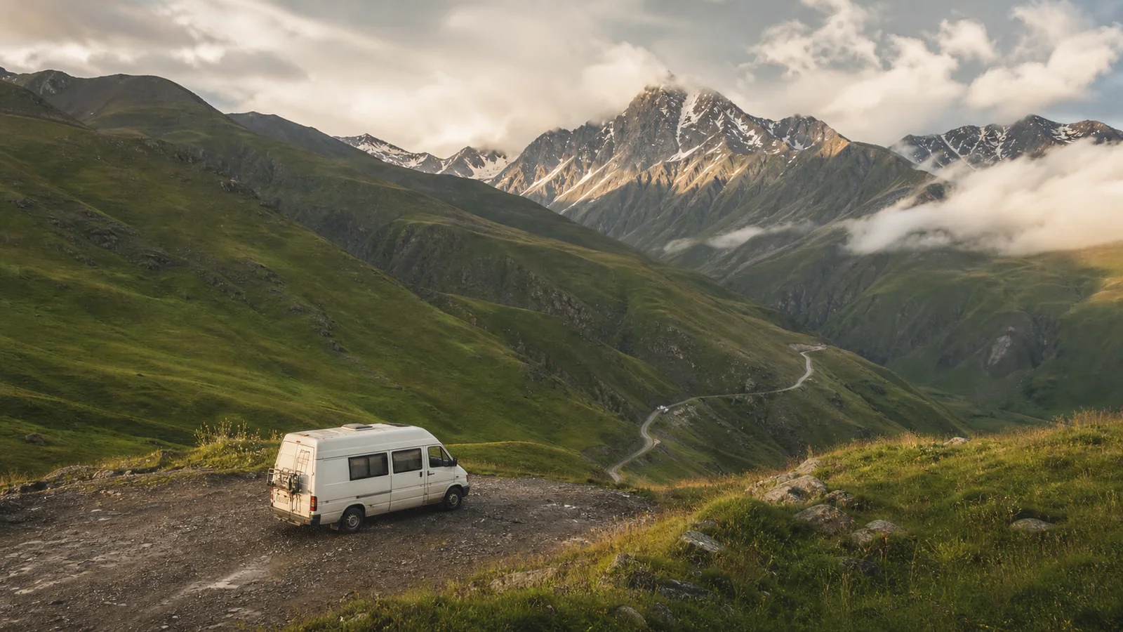 Campervan overlooking the high Caucasus mountains in Georgia