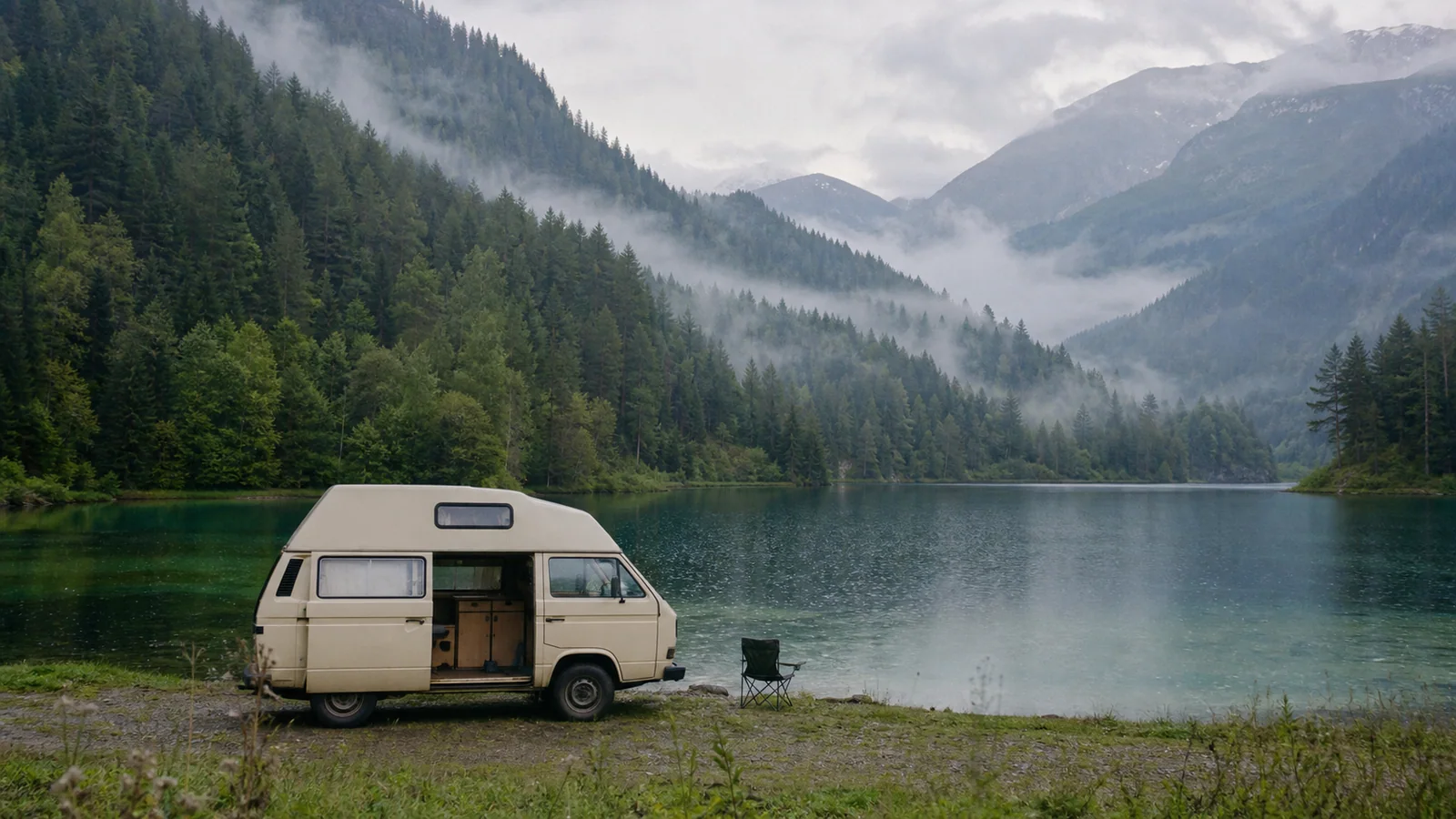 Campervan beside a misty forest lake in Georgia