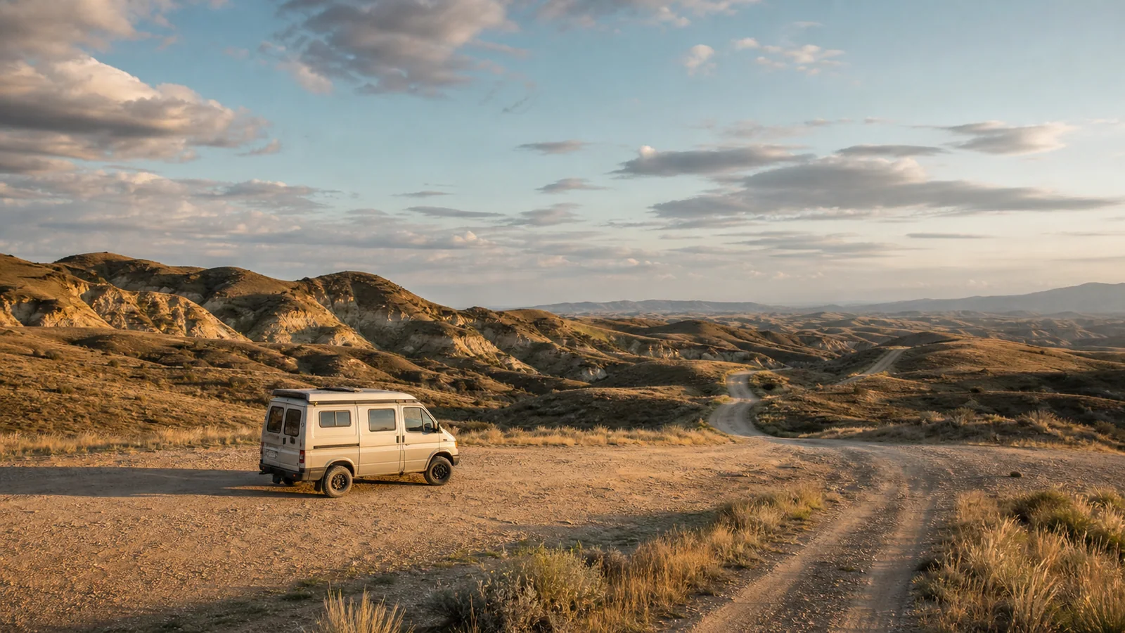 Campervan in the semi-desert hills of eastern Georgia